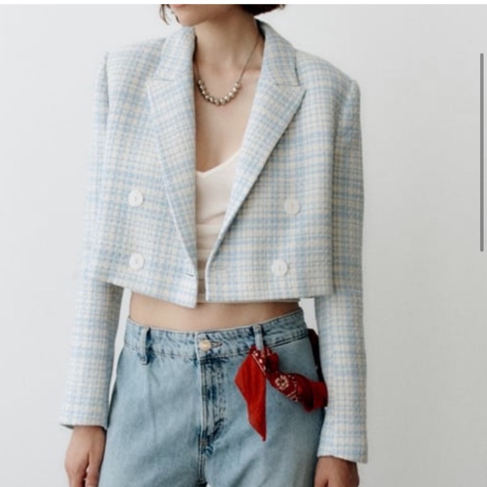 Full set Blue cropped textured tweed Zara crop blazer and short HOST PICK 🥳😍🥳
